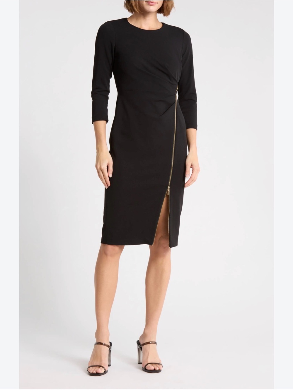 Calvin Klein Long-Sleeve Midi Sheath Dress with Front Zip